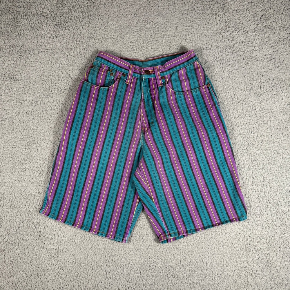 Vintage 90s Fractured Denim Shorts Size 29 Multicolor Teal Purple Yellow